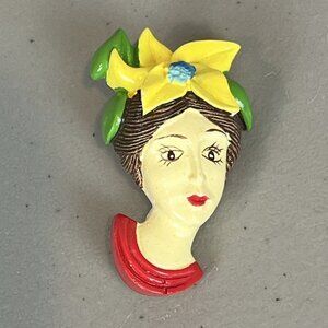 Lady's Head Brooch Pin Woman with Flower Hat Pin Vtg